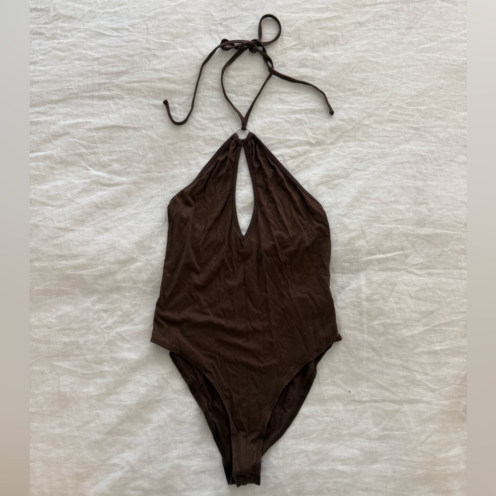 Adika Brown Ribbed Halter Bodysuit